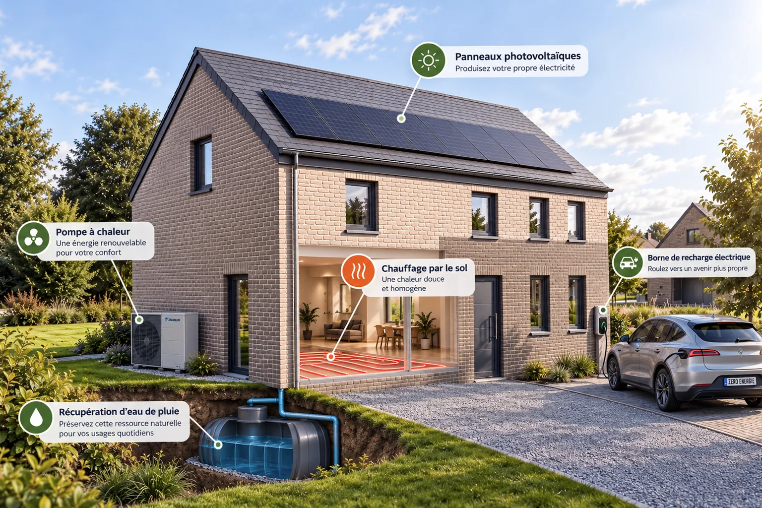 Une maison Baijot avec les cinq équipements du Pack Zéro Énergie : panneaux photovoltaïques, pompe à chaleur, chauffage par le sol, récupération d'eau de pluie et borne de recharge