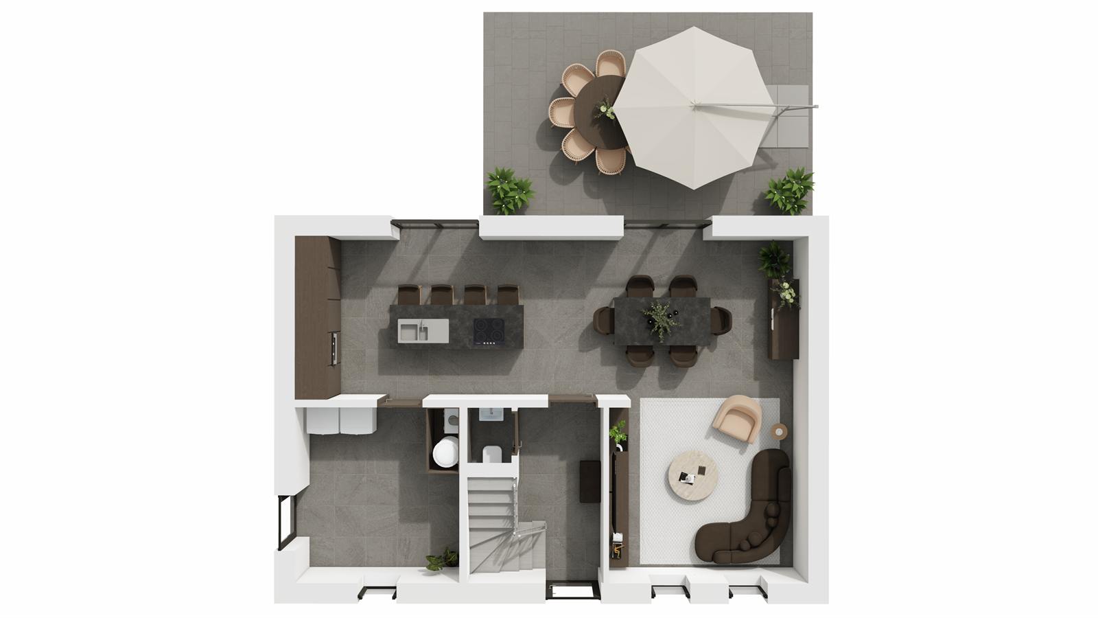 Plan 3D du rez-de-chaussée d'Estia : cuisine ouverte, séjour et salle à manger