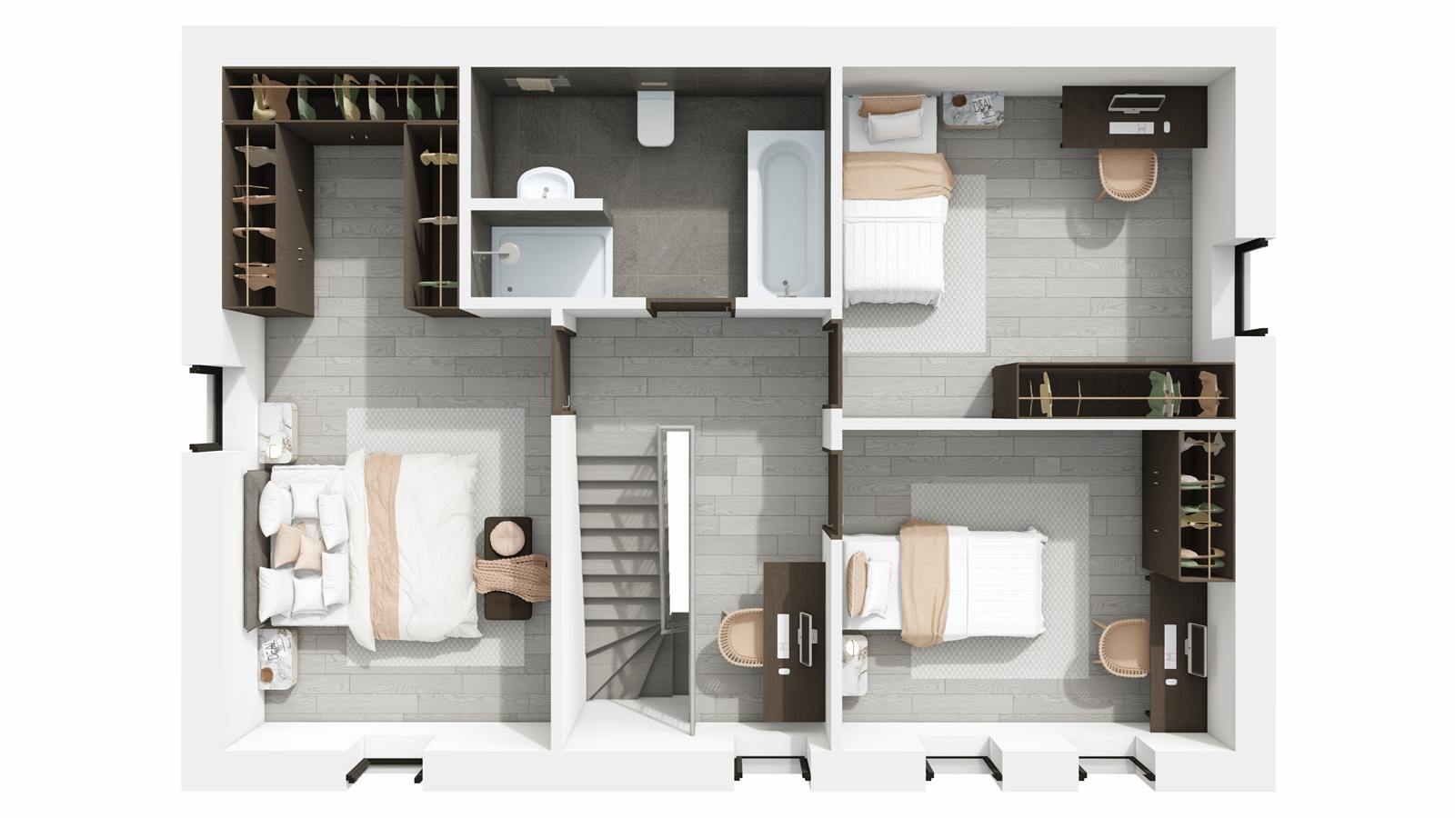 Plan 3D de l'étage d'Estia : 3 chambres, salle de bain et dressing